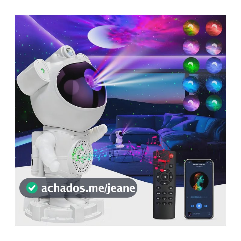 Projetor Astronauta para Teto Galáxia com Caixa de Som Bluetooth e Luz Noturna LED