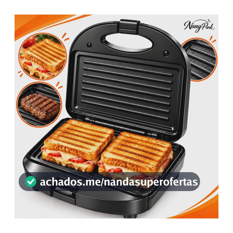 Sanduicheira Elétrica Nany Pink 2 em 1 para Sanduíches e Grill Antiaderente