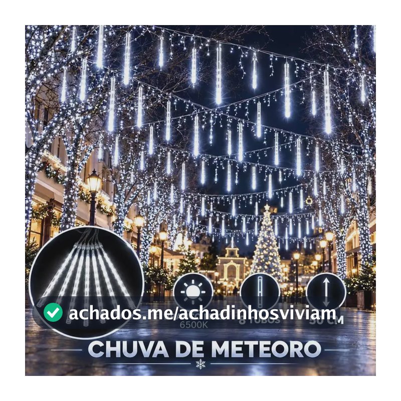 Cascata Bastão LED Snow Fall 8 Tubos 50cm Bivolt Branco Frio Chuva de Meteoro Luz Natalina Decoração Festa Jardim
