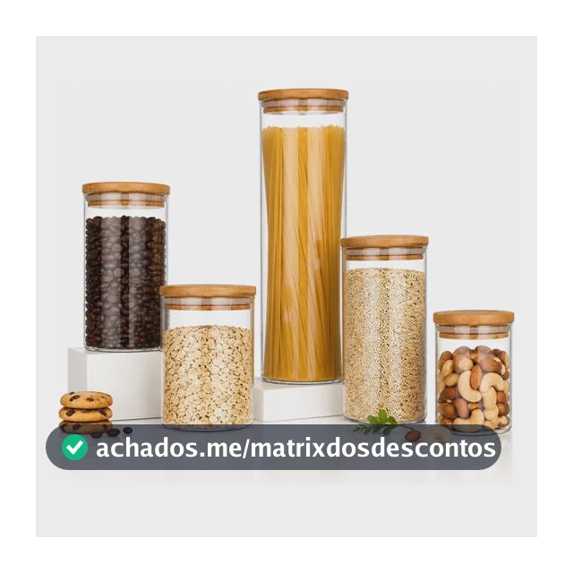 Kit 5 Potes Mantimentos Vidro Herméticos Com Tampa Bambu Alta Resistência Epsilon