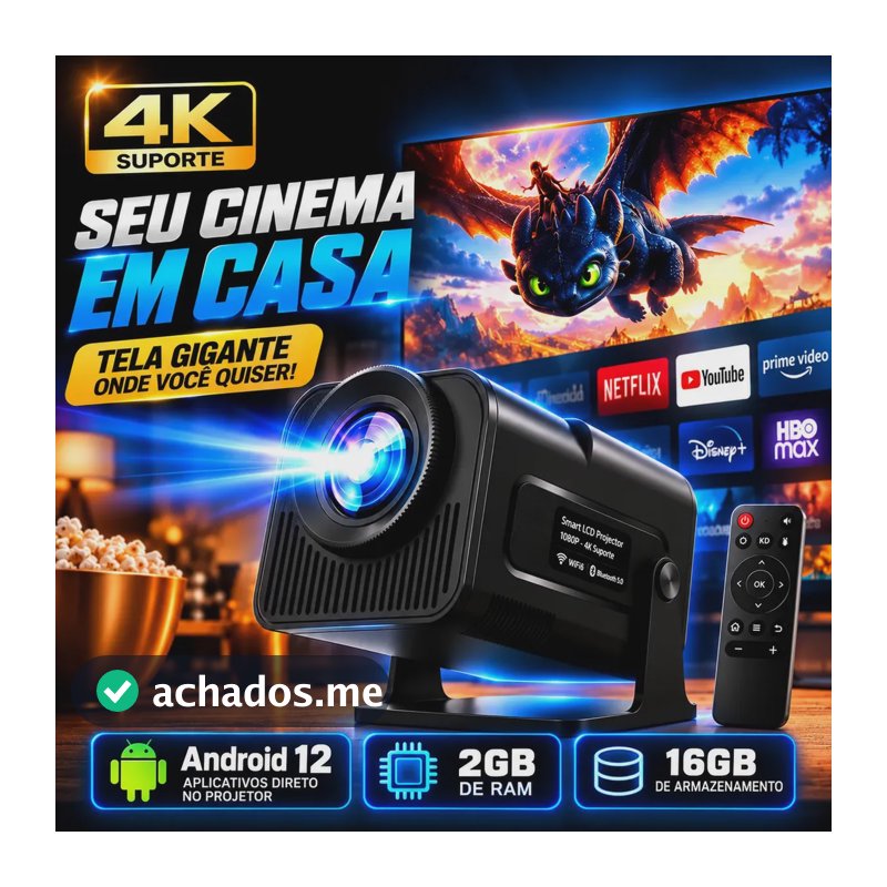 Projetor HY320 390 ANSI Full HD WiFi 6 4K Android Bluetooth 150 Polegadas HDMI USB Controle Remoto Bivolt Portátil Smart TV Cinema em Casa Filmes Séries Jogos Som Integrado Streaming Multimídia