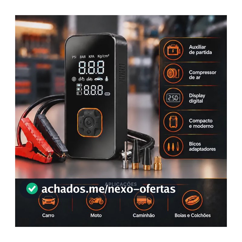 Auxiliar De Partida Bateria Carro Com Compressor De Ar Portátil 12v Calibrador Digital Pneu Inflador Veicular Emergência Automotivo Para Moto Suv Caminhonete Pickup Hardline
