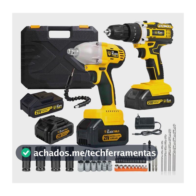 Combo Chave De Impacto Tb-21i 2 Baterias 21v Com Furadeira De Impacto Tb-21px 2 Baterias The Black Tools