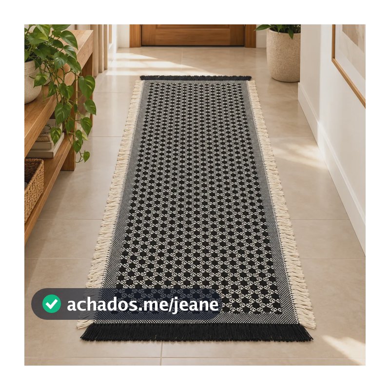 Tapete Passadeira Dupla Face Algodão Com Franjas 1,60mt 1.6 M 50 Cm Preto Texturizado