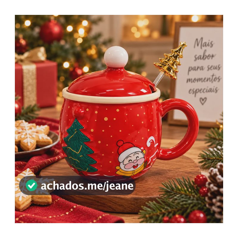 Caneca De Natal Cerâmica 300ml Natalina Com Tampa E Colher Vermelho Natalino