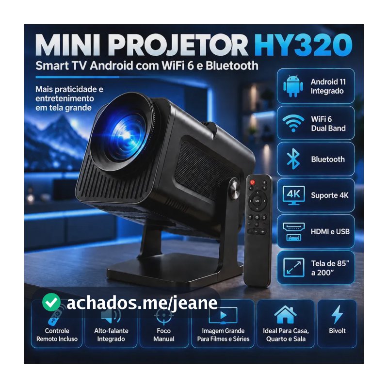 Projetor HY320 Mini Portátil Hardline Smart TV Android WiFi 6 390 ANSI Lumens Full HD Suporte Bluetooth 85-200 Polegadas Alto Falante Com Controle Remoto Bivolt