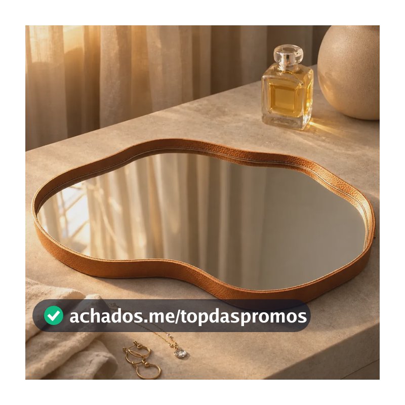 Bandeja Espelhada Decorativa Orgânica Borda Couro Ecológico Caramelo