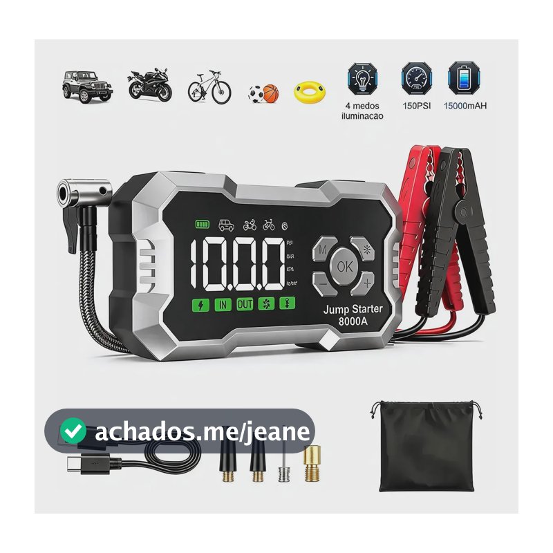 Portátil Auxiliar Partida Bateria Compressor Ar Inteligente Preto 12