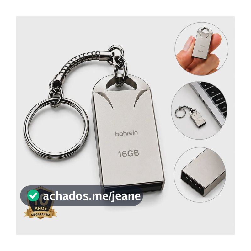 Pen Drive 16GB Bahrein Mini Chaveiro USB Metal Prata para Notebook e Som Automotivo