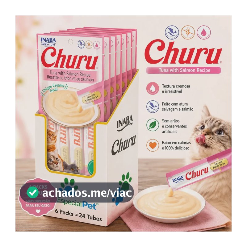 Churu para Gatos: Petisco Úmido de Atum e Salmão em Kit c/ 6 Pacotes (24 Sachês) - Especial Pet