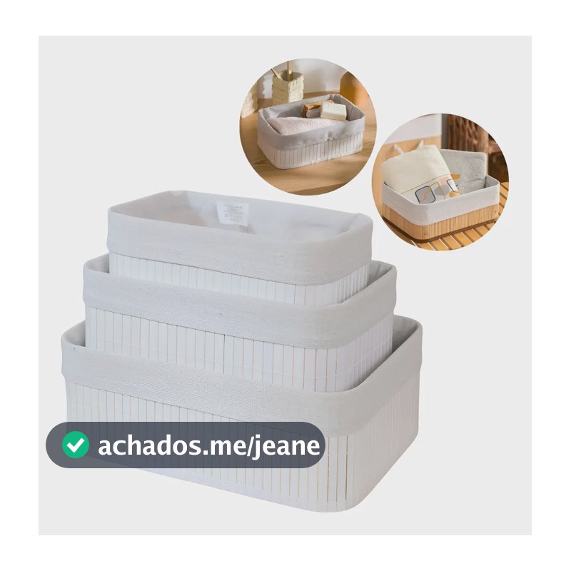 Kit 3 Cestos Organizadores De Bambu Multiuso Com Forro Cor Branco