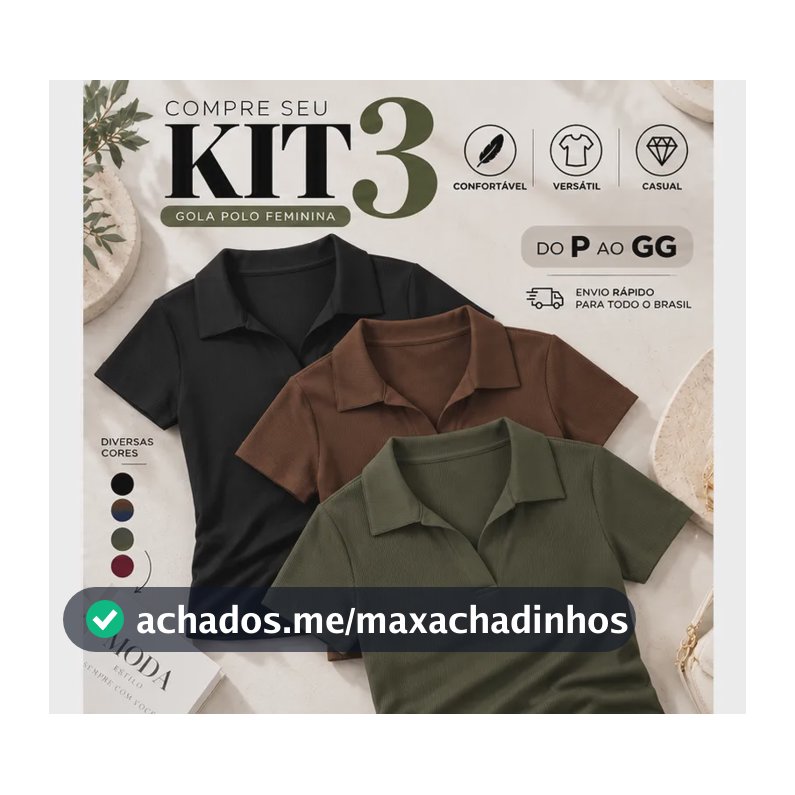 Kit 3 Blusa Feminina Gola Polo Canelada Básica Casual Lisa Preto, Marrom E Verde Liso P/m (36/42)