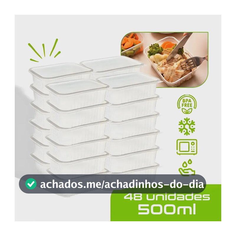 48 Marmitas 500ml Comida Fitness Pote Descartável Retangular Plástico Freezer Microondas Com Tampas - Mtones