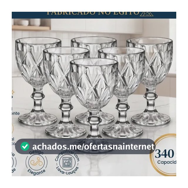 Jogo 6 Taças de Cristal 340ml Diamond Transparente Lapidado Vitrex