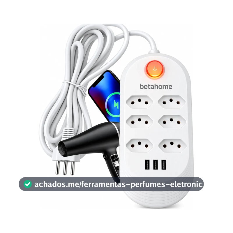Filtro de Linha Betahome com 6 Tomadas e 3 USB para 2500W Bivolt