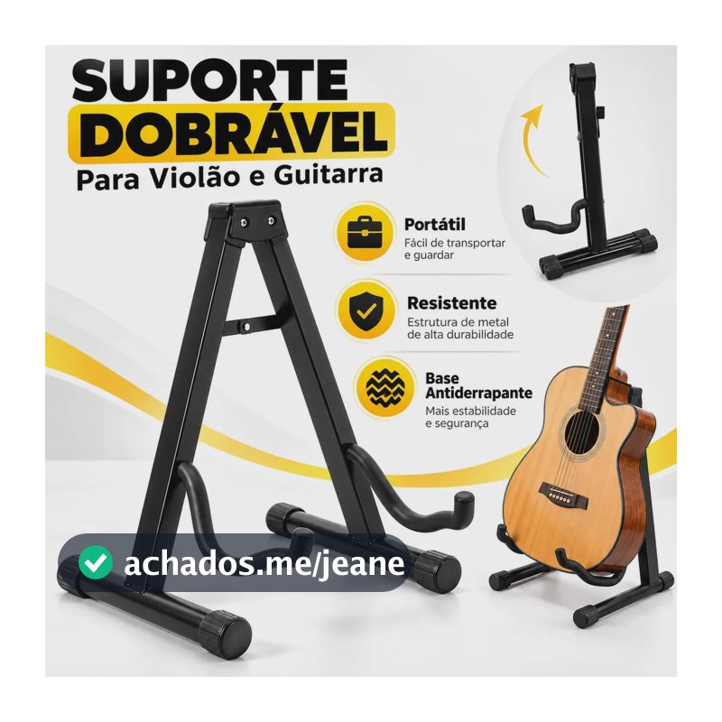 Suporte De Chão Para Violão Guitarra Baixo Universal Dobrável Base Antiderrapante Pedestal Portátil Ajustável Compacto Com Trava Profissional Resistente Leve Seguro Reforçado Casa Estúdio Palco Preto