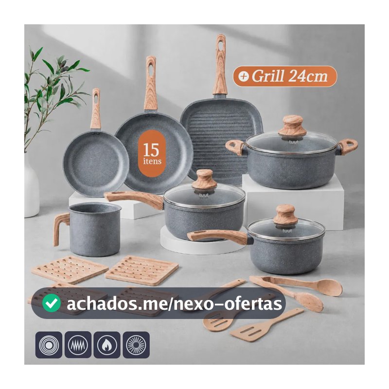 Jogo de Panelas Tuut Ecoglide com Grill de 24" Antiaderente Cerâmica para Indução e 15 Peças Granite