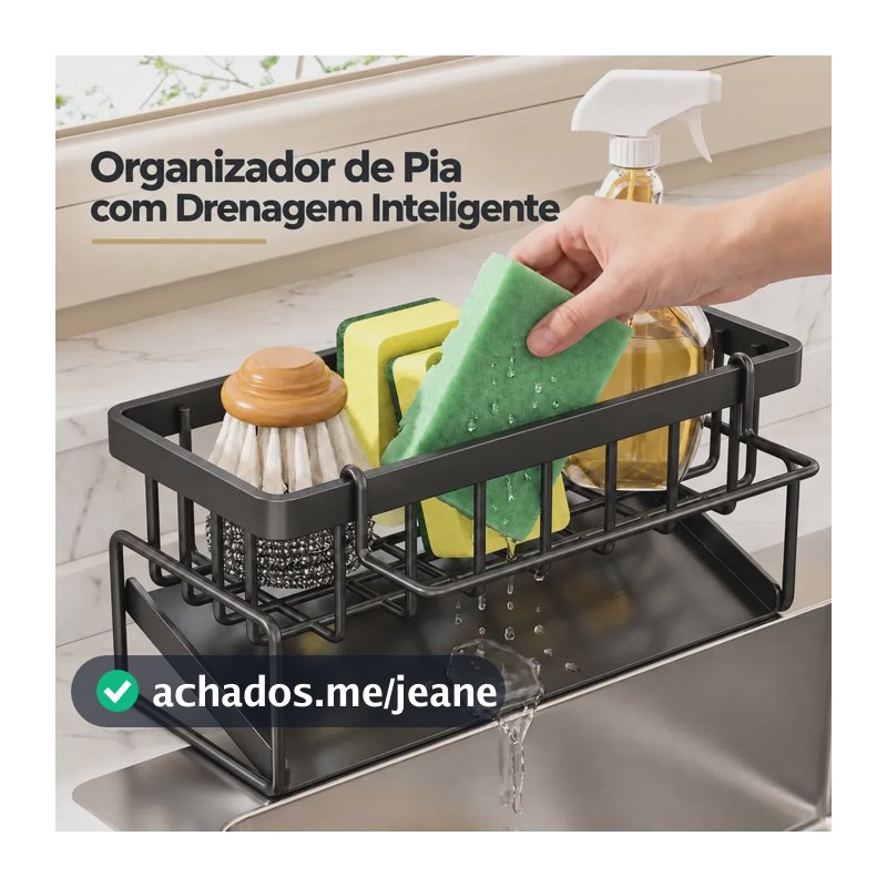 Organizador de Pia em Aço Carbono Preto com Drenagem, para Detergente e Esponja