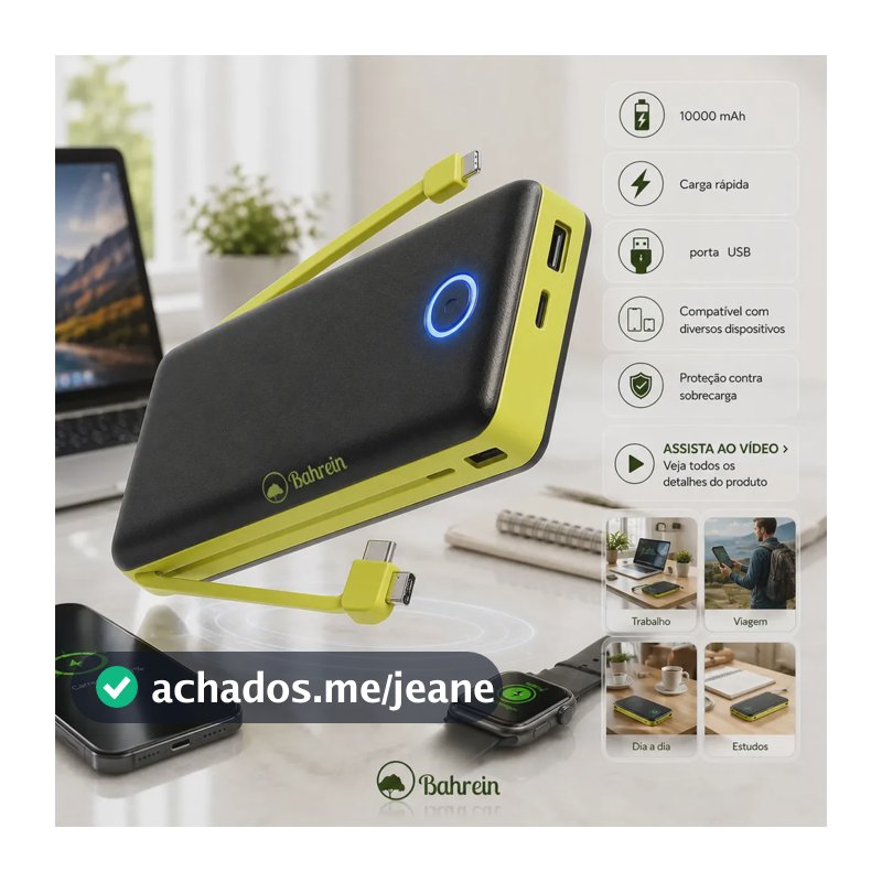 Power Bank 10000mah Carregador Portátil Turbo Rápido Universal Celular - Melhor Carregador Portátil Compatível Com iPhone Notebook Relógios Android Mac Ios Samsung Apple 10000mah - Marca Bahrein