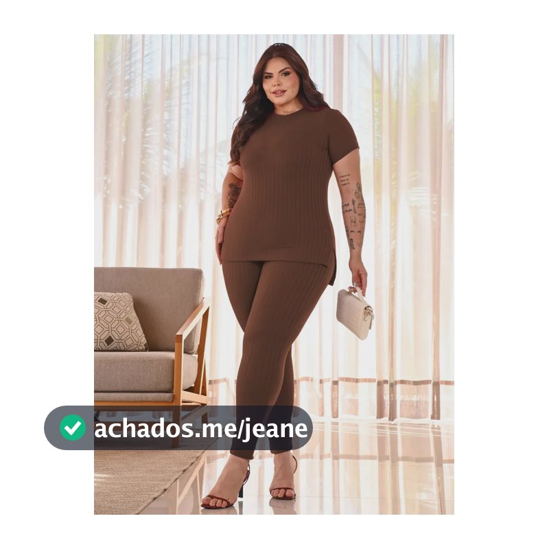 Conjunto Plus Size Feminino Canelado Blusa Alongada + Calça Marrom G1 (50-52)