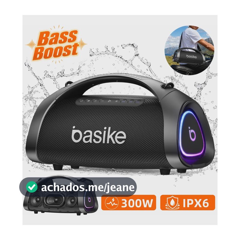 Caixa de Som Bluetooth 300W Basike Caixa Som Portátil Ba-RAD134 30000mAh Ipx6 Boombox Subwoofer Com RGB Luzes LED, Power Bank
