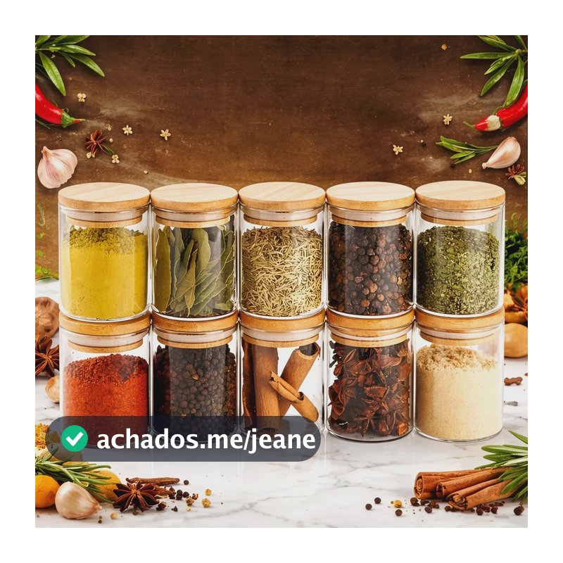 Jogo 10 Potes 200ml Herméticos Vidro Tampa De Bambu Temperos Transparente