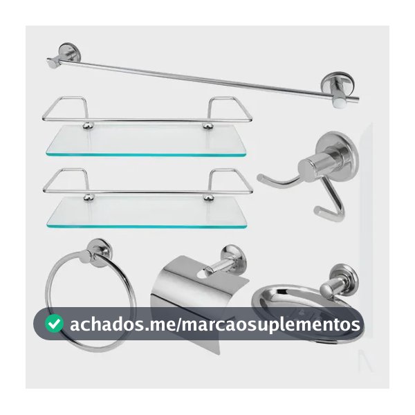 Kit Acessórios  Banheiro Inox + 2 Porta Shampoo Reto Vidro Prateado