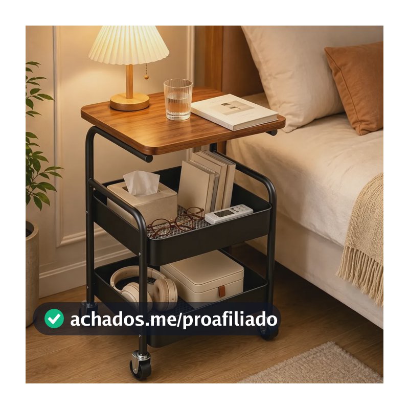 Carrinho Organizador Alto 3 Níveis Com Rodinhas Tampo Mdf Preto
