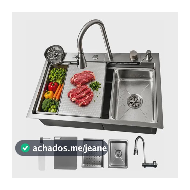 Cuba Pia Gourmet Cozinha Aço Inox 304 75x46 Cascata Torneira Prateado