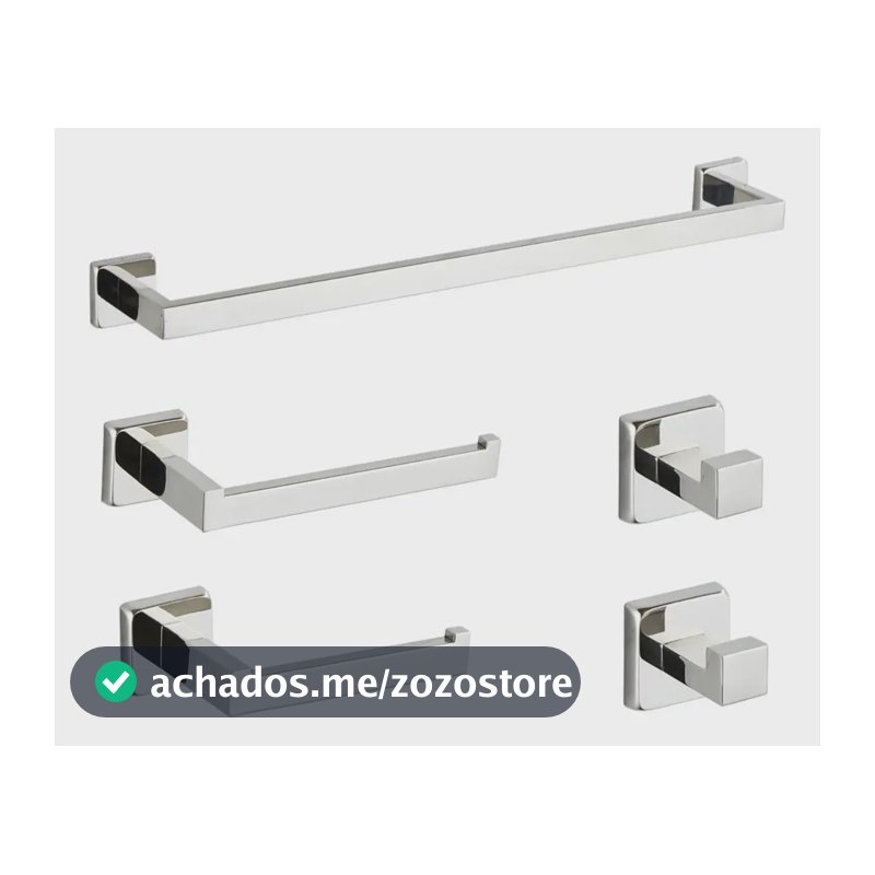 Kit 5 Conjunto Acessorios Suporte Banheiro Lavabo Inox 304 Prateado Brilhante