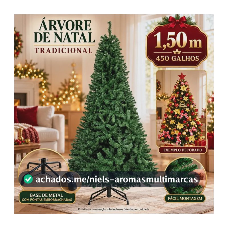 Árvore De Natal Pinheiro Canadense Luxo 1,50m 450 Galhos Tradicional Verde Imperial Premium Grande Cheia LuvinCo