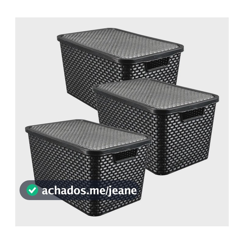 Caixas Organizadora Rattan 7 Litros C/ Tampa Preta Kit 3 Pçs Arqplast