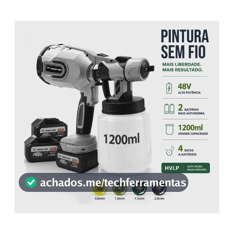 Pistola de Pintura HVLP Sem Fio YANKE FERR 1.2L com 2 Baterias e 4 Bicos