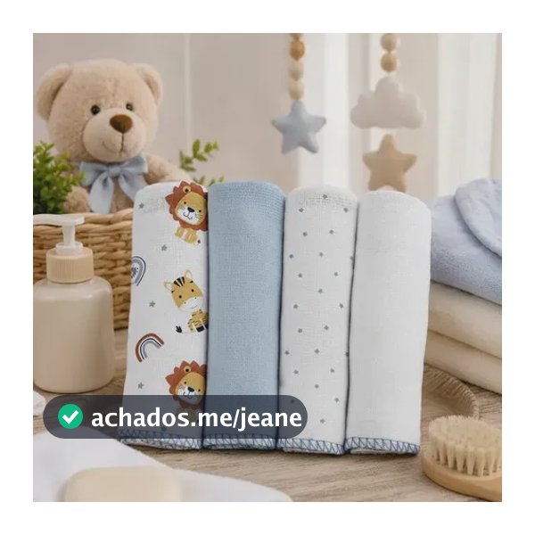 4 Panos De Boca Bebê Fralda 34cmx34cm Enxoval Toalha Algodão Leão Azul