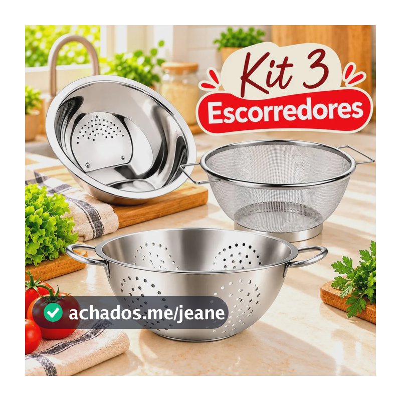 Kit 3 Peças Escorredor De Arroz Em Inox + Escorredor De Macarrão Inox Grande + Escorredor De Alimentos Mariazinha