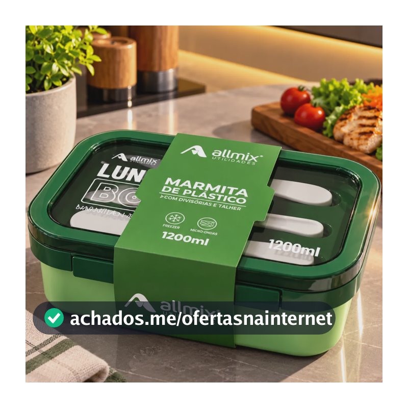 Marmita Hermética 1200ml 3 Divisórias Talher Não Vaza Allmix Verde/allmix