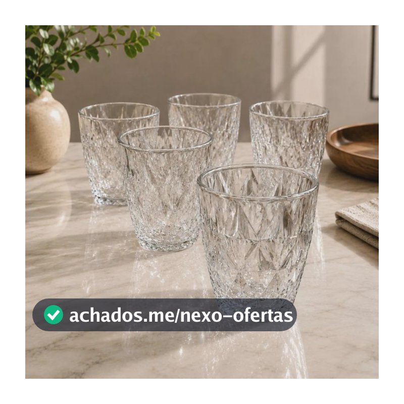 Jogo 6 Copos Baixos Diamond 300ml Vidro Resistente Diamante Transparente