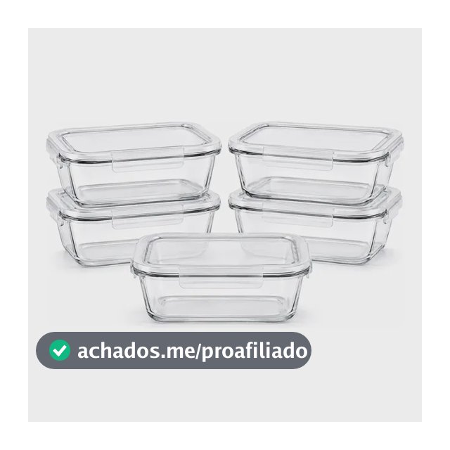 Kit 5 Potes Herméticos Vidro Transparente Retangular 1040ml Marmita Micro-ondas Cozinha