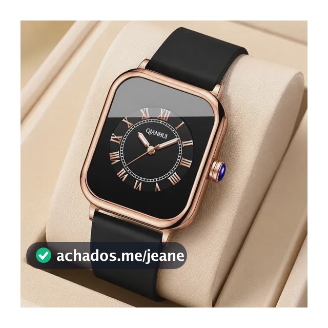 Relógio Feminino Qianhui Quadrado Silicone Preto Minimalista