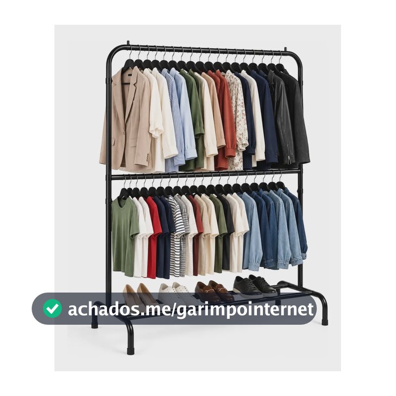 Arara Dupla Para Roupas Com Sapateira Reforçada Profissional Preto