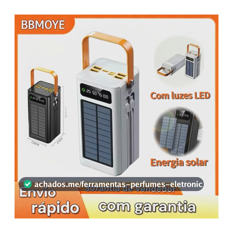 Power Bank Solar 50.000 mAh Carregador Portátil Turbo com Display LED e Lanterna para Viagem e Emergência BBMOYE