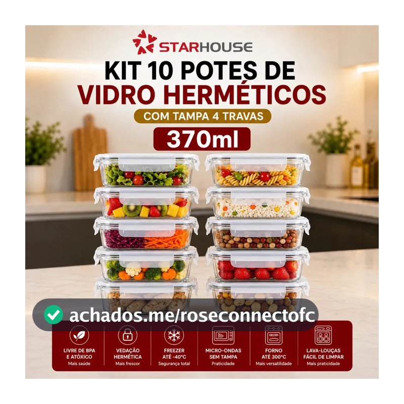 Kit 10 Potes Herméticos Vidro 370ml Starhouse Marmita Forno Micro-ondas Airfryer com 4 travas de super vedação