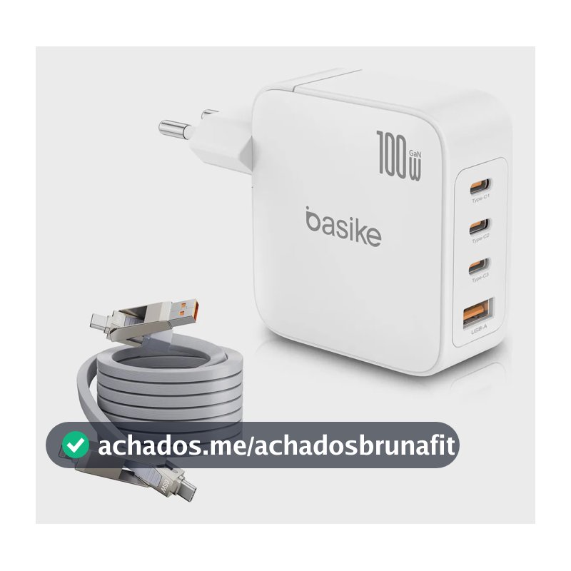 Carregador de Parede Basike 100W Turbo GaN com 3 USB-C e 1 USB-A, e Cabo de Dados 4 em 1