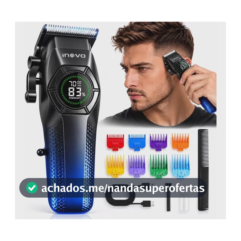 Máquina de Cortar Cabelo Inova Profissional Sem Fio Recarregável 7000 RPM, Lâmina Cerâmica, Display LED, 2000mAh, 8 Pentes, USB-C