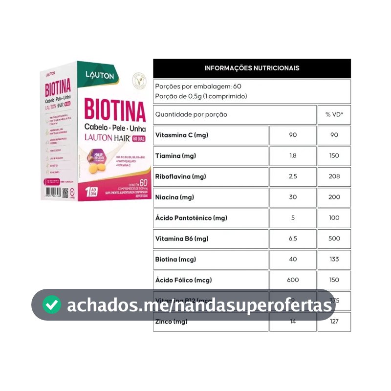 Biotina C/ B1 B2 B3 B5 B6 B9 B12 Zinco Quelado Vitamina C Sabor Sem sabor
