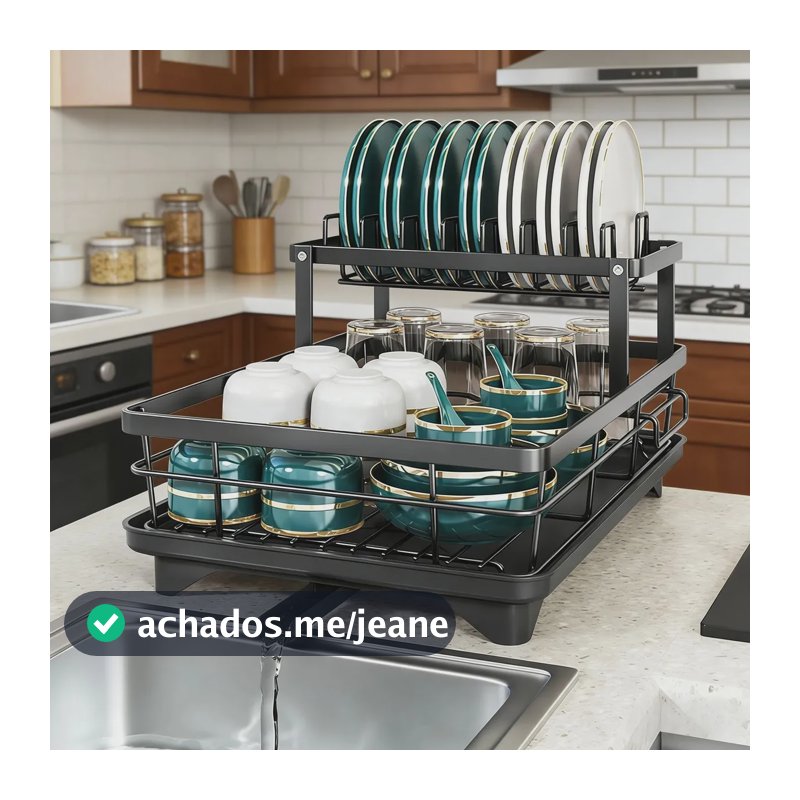 Escorredor de Louças Rack 2 Andares Preto com Bandeja Coletora Organizador de Pia Cozinha Mix Home Center