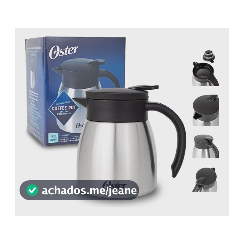 Garrafa Térmica Café Chá Oster 500ml Bule Térmico Aço Inoxidável Com Alça Preta 146389.01