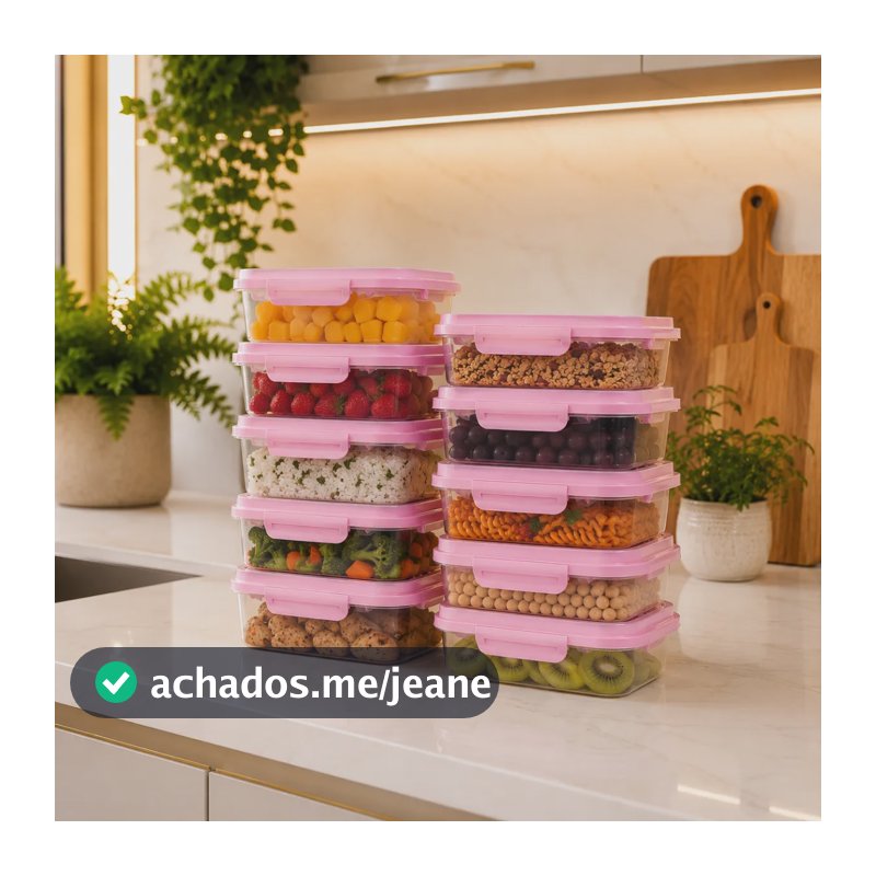 Kit 10 Potes Herméticos 800ml Tampa Com Travas Rosa Bpa Free Rosa