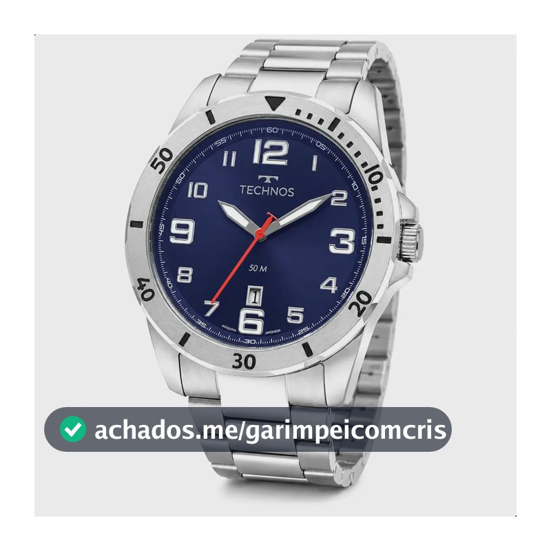Relógio Technos Masculino 2115NAP/1A 45 Milímetros Casual em Aço Inoxidável Prova D´Agua 50 Metros com Calendário Fundo Azul