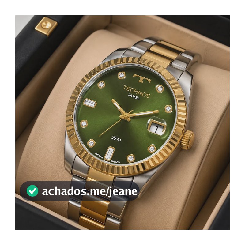 Relógio Technos Masculino 2415DV/1V Riviera 43 Milímetros Dourado Aço Inoxidável Fundo Verde com Calendário Prova D´Agua 50m
